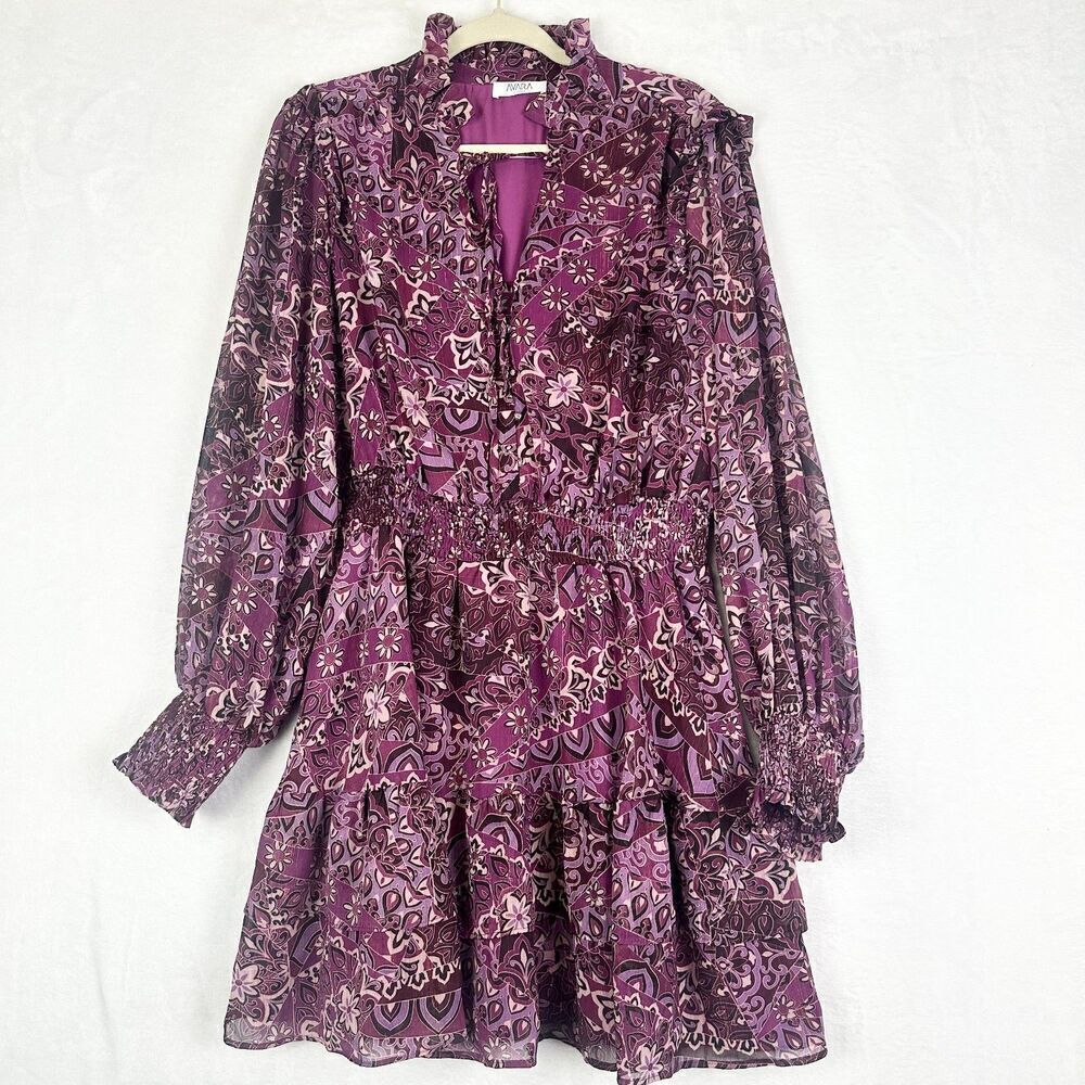 Avara Floral Dress Size XL Lurex Metallic Ruffle Tie Neck Tiered Boho Cottage